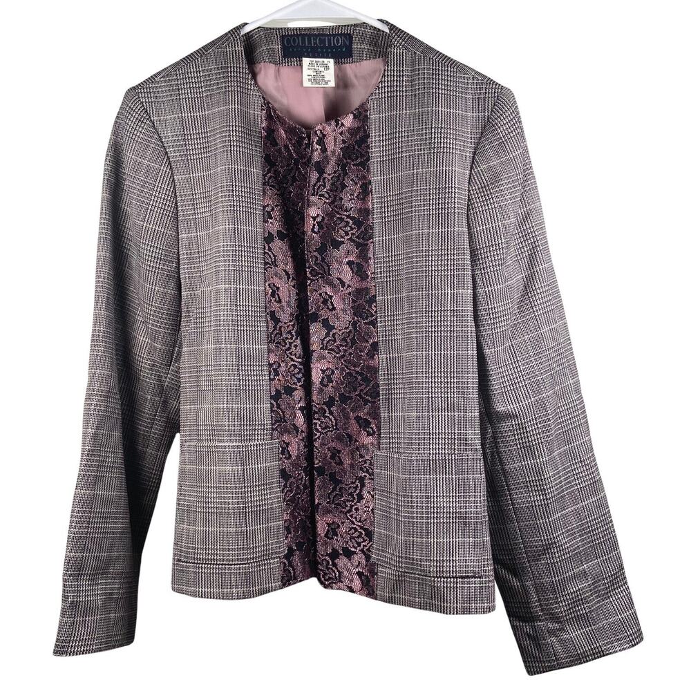 Harve Benard Size 12P Blazer Jacket Wool Shoulder Pads Grey Plaid Pink Floral